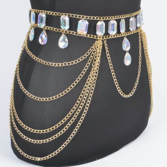 Metal Layered Chain Belt W/acrylic Stone - Picture 2 of 2